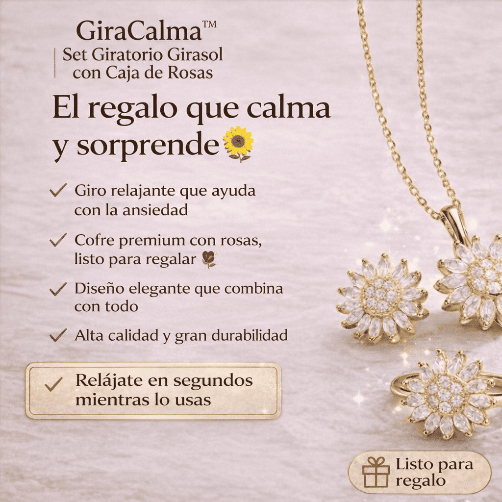 GiraCalma™ | (Collar, Anillo y Aretes) Set Giratorio Girasol Gratis Caja de Rosas