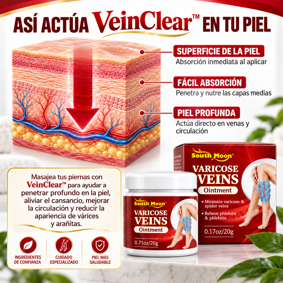 VeinClear™ |  Reduce la hinchazón, el cansancio y las venas visibles