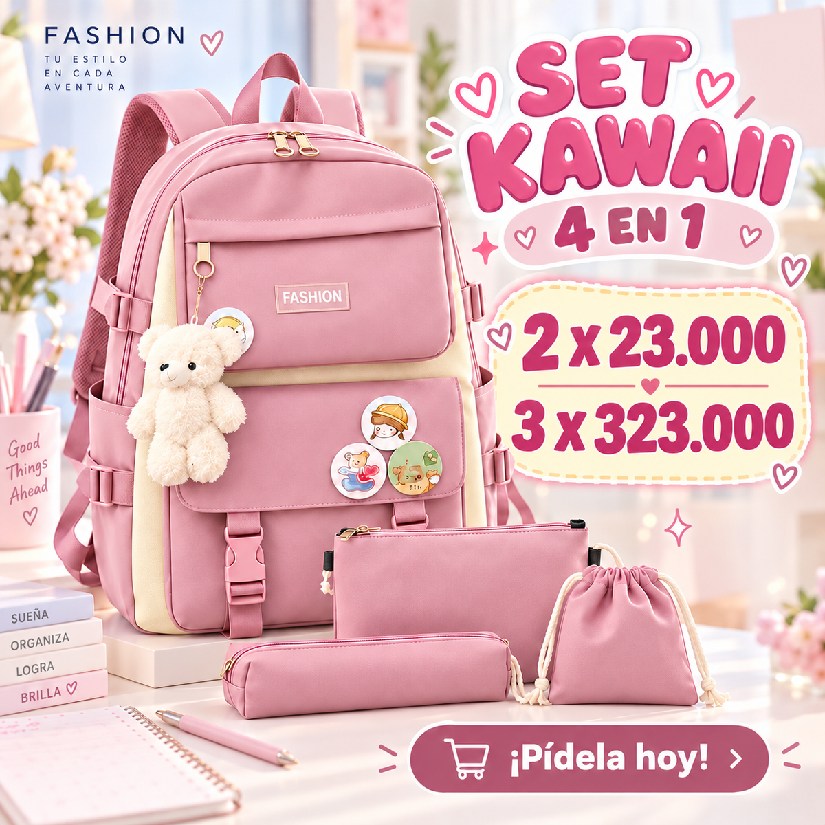 SET DE MALETA KAWAII COREANA 4 EN 1 | ESTILO, ESPACIO Y ORGANIZACIÓN