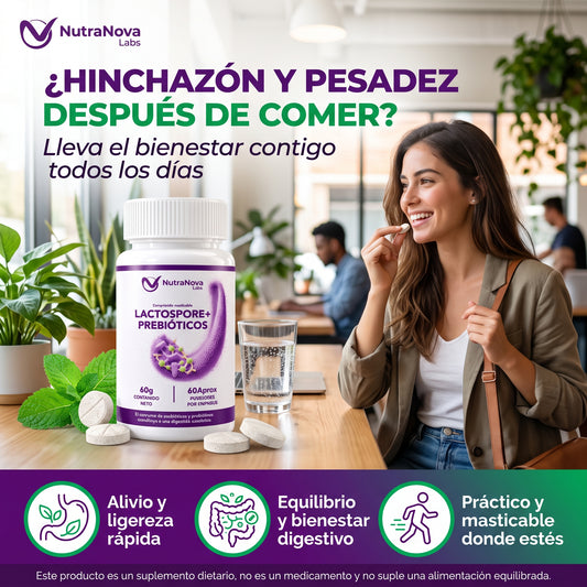Lactospore® + Prebióticos | Dile adiós a la hinchazón y recupera tu bienestar intestinal, sin esfuerzo